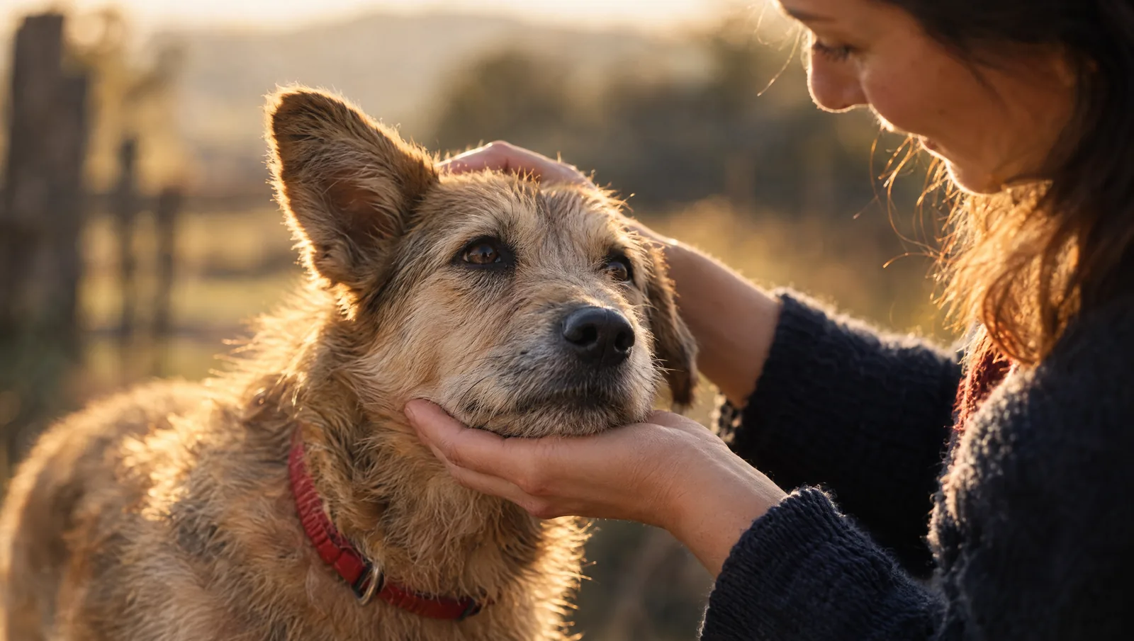 Ein geretteter Straßenhund legt seinen Kopf vertrauensvoll in die Hand einer Helferin